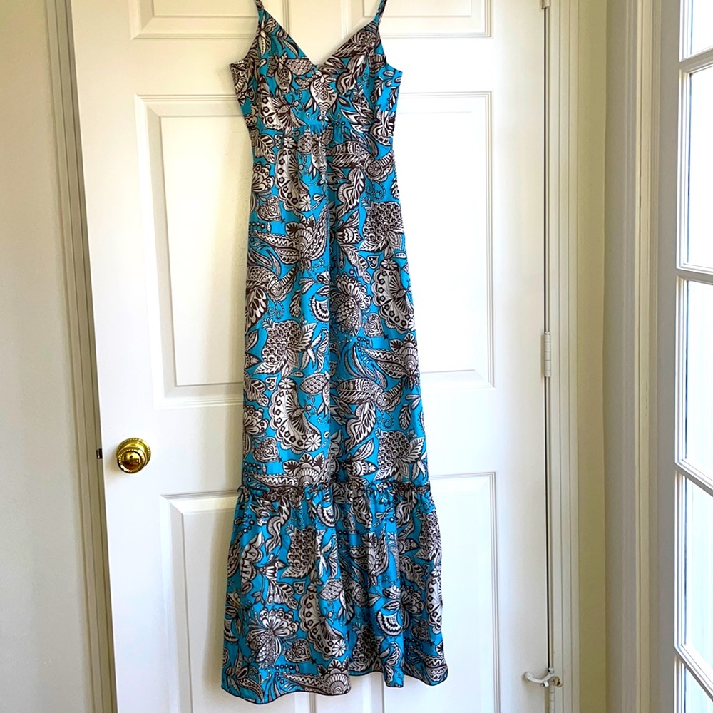 Trina Turk gorgeous blue and brown floral print dress. Size 2